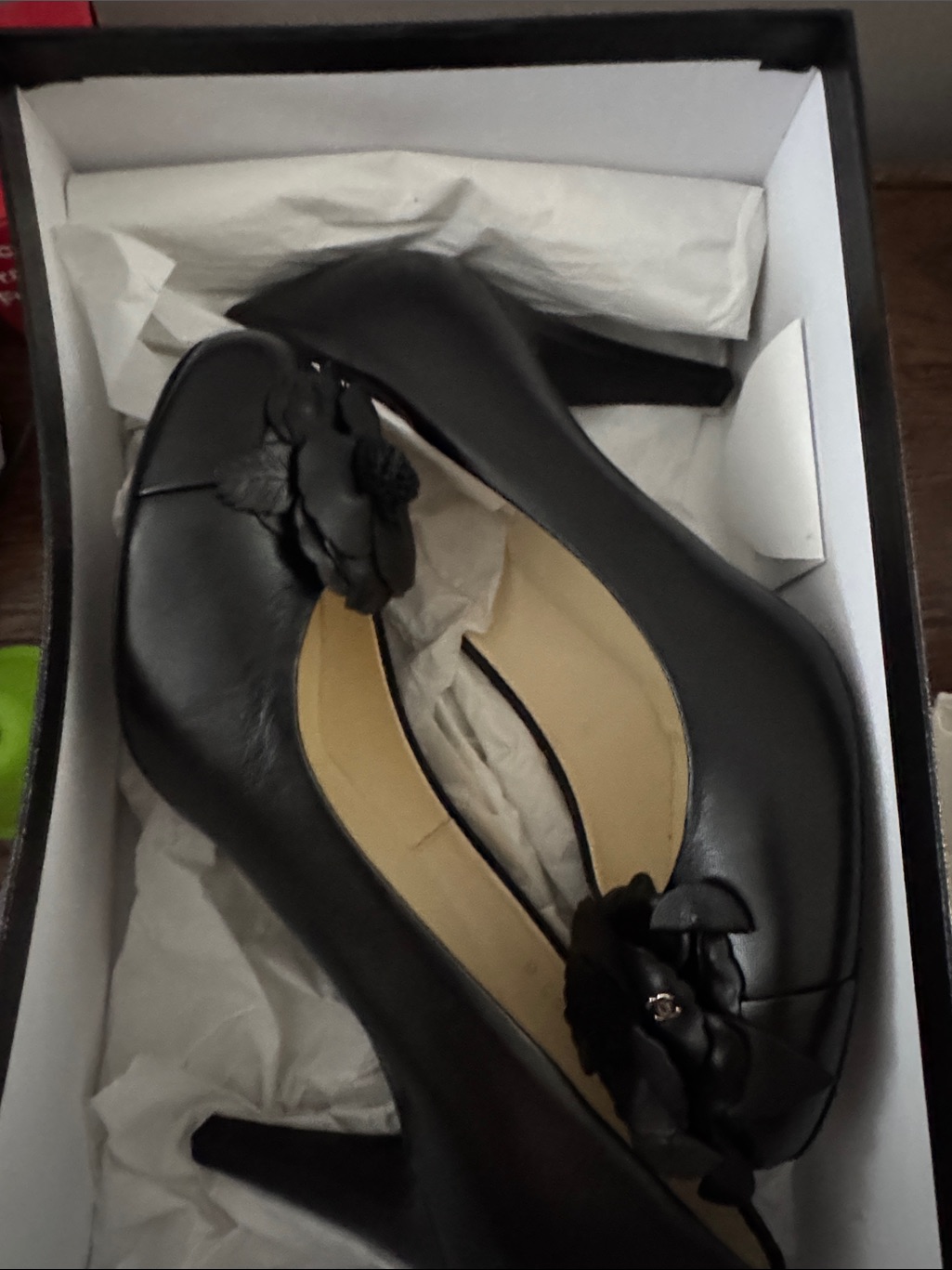 Chanel Black Leather Camellia Accent High Heel Pumps